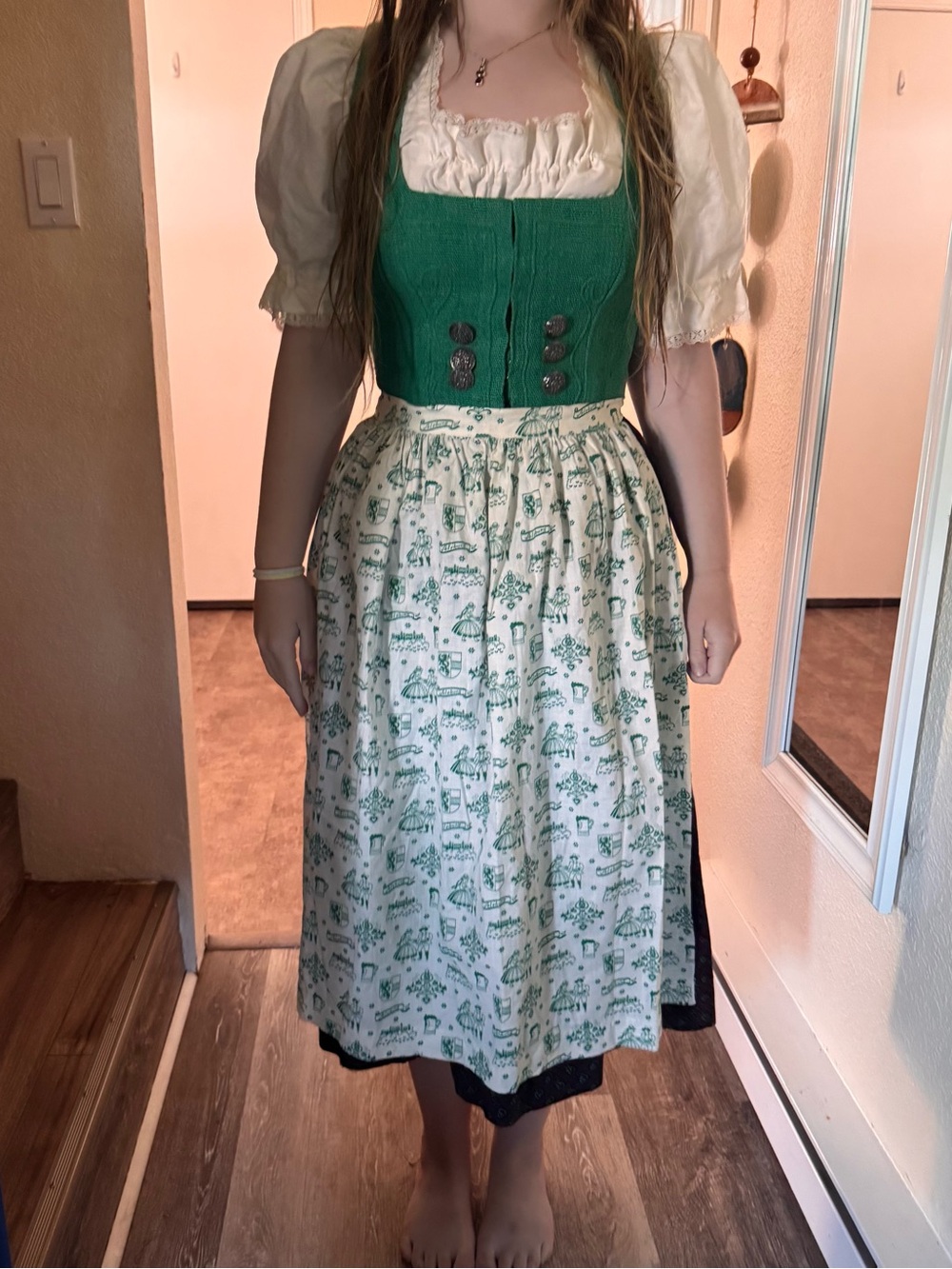 Authentic Midi Dirndl Dress, Blouse and Printed Apron